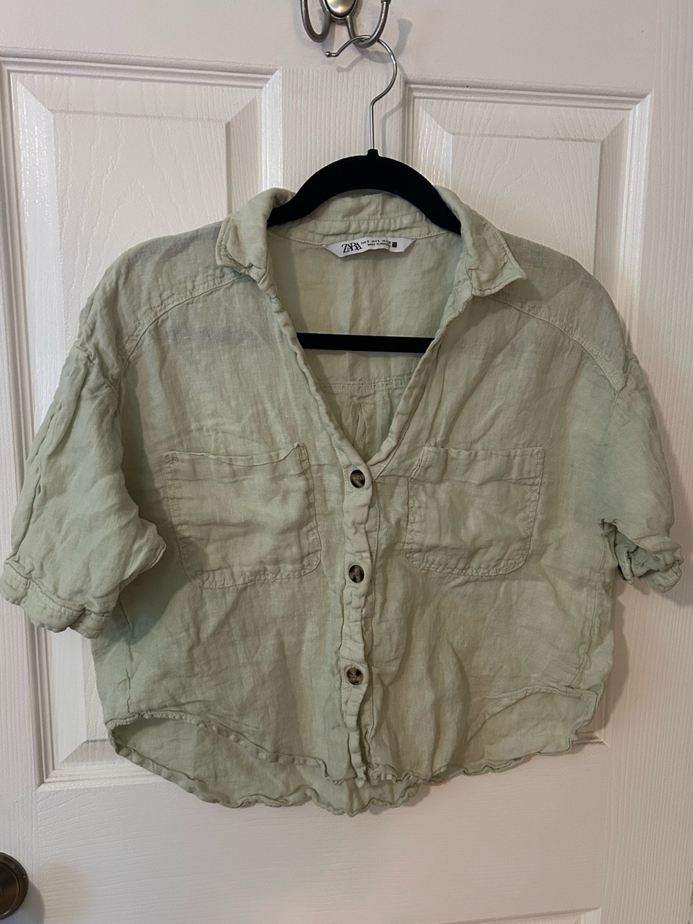 Zara Sage Green Button-Up Short Sleeve Shirt